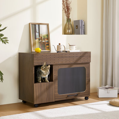 Furniture-Style Cat Litter Storage - Walnut Finish & Thoughtful For Owners Walnut Box Convenient Design Pets