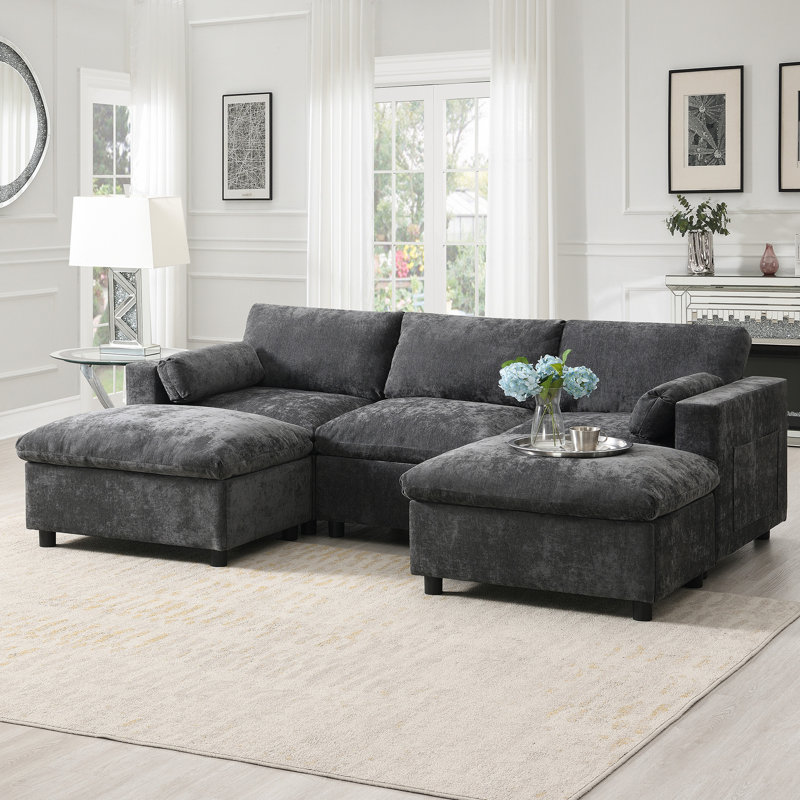 [VIDÉO] Canapé modulaire chenille modulaire de 86,5 po avec poches de rangement, Chenille grise foncée