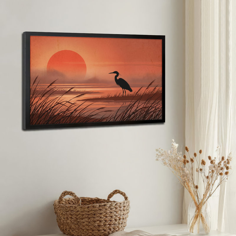 Toile noire encadrée en bois noir pour le salon, la chambre à coucher, le bureau ou le vestibule - Décoration murale décorative avec héron du coucher du soleil