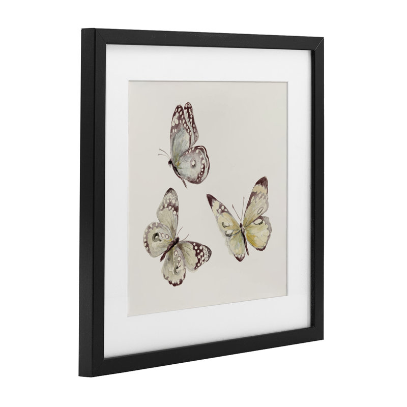 Papillons isolés sur fond beige, reproduction de verre par Patricia Pinto, H 16 po x l 16 po, Cadre noir minuit