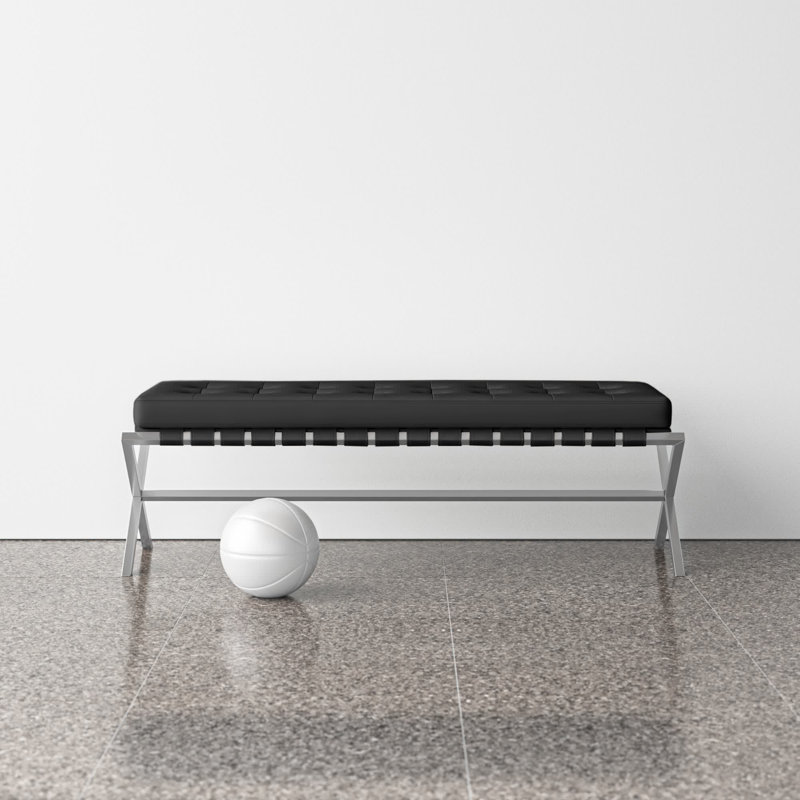 Canton 56" Vegan Leather Bench, Black/Brushed Stainless Steel Base