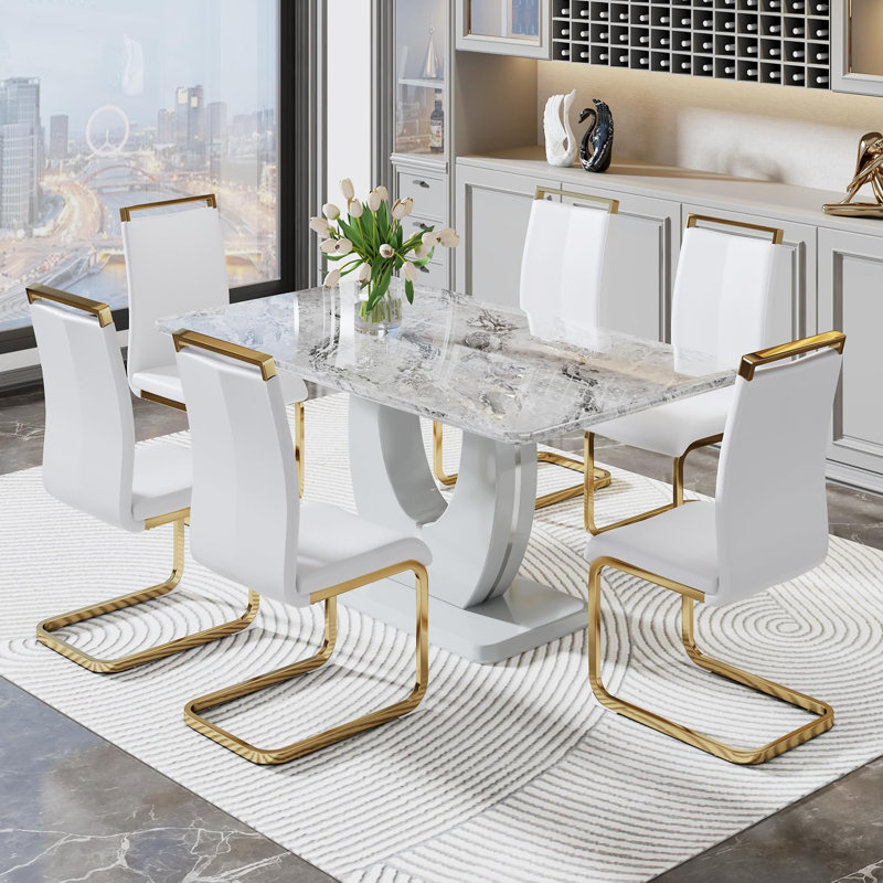 7 Piece - Marbled Dining Table Set, White/Gold