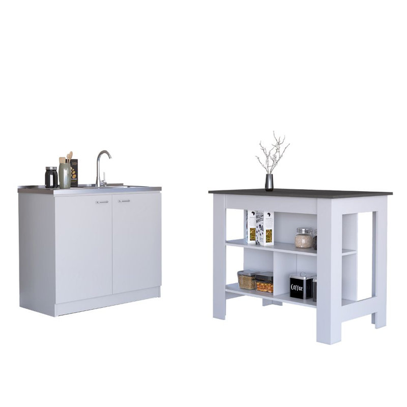 Arnesto 2 Piece Kitchen Set, Kitchen Island + Utility Sink Cabinet, White/Onyx