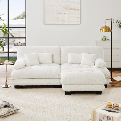 Chenille White 2 Seater For Living Space Use - With Lumbar Pillows, Throw Convertible , Breathable Cloud Couch Room Furnishing Style With Modern