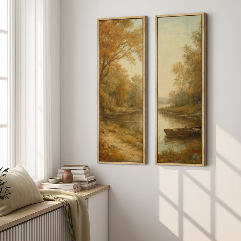Paysage d'automne avec embarcation rustique en barque, ensemble de 2 reproductions d'art encadrées sur toile 60 po x 20 po x 2 pièces
