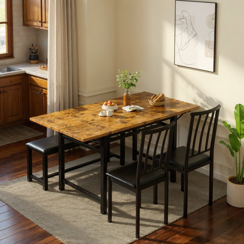 4-Piece Drop Leaf Dining Table Set For 3-6, 59" Extendable Kitchen Table Set With 1 Upholstered Bench & 2 Backrest Chairs, Modern Breakfast Dinette Table Set With Drop Leaf For Small Space
