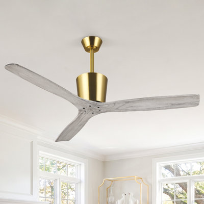 54" Solid Wood 3 - Blade Plating Gold Propeller Ceiling Fan With Remote Control Without Lights