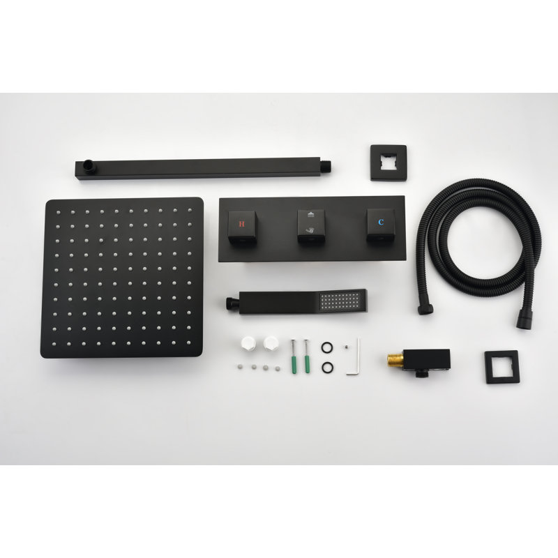 Ensemble de robinet de douche en laiton noir mat avec système de douche 10 pouces avec douchette avec douchette à main, luxueux ensemble de mélangeur de pluie, valve brute incluse,