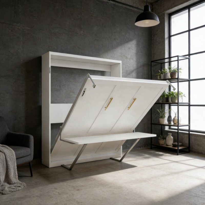 Lit escamotable mural blanc grand format facile à assembler avec bureau, pieds automatiques pour hôtel et salon