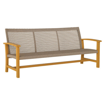Outsunny 3-Seat Wicker Outdoor Sofa with Acacia Wood Frame and Steel Base, Teak Finish Patio Couch for Backyard and Porch