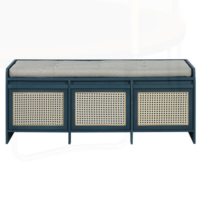 Banc de rangement pour chaussures de 48 pouces avec tiroirs en rotin et coussin rembourré capitonné, idéal pour les couloirs et les vestibules