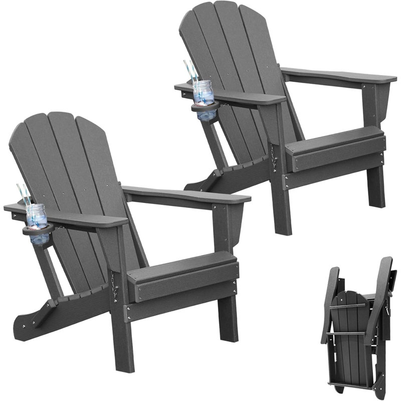 Ensemble de chaises Hdpe Adirondack grises durables, pliables avec porte-gobelet pour l'extérieur