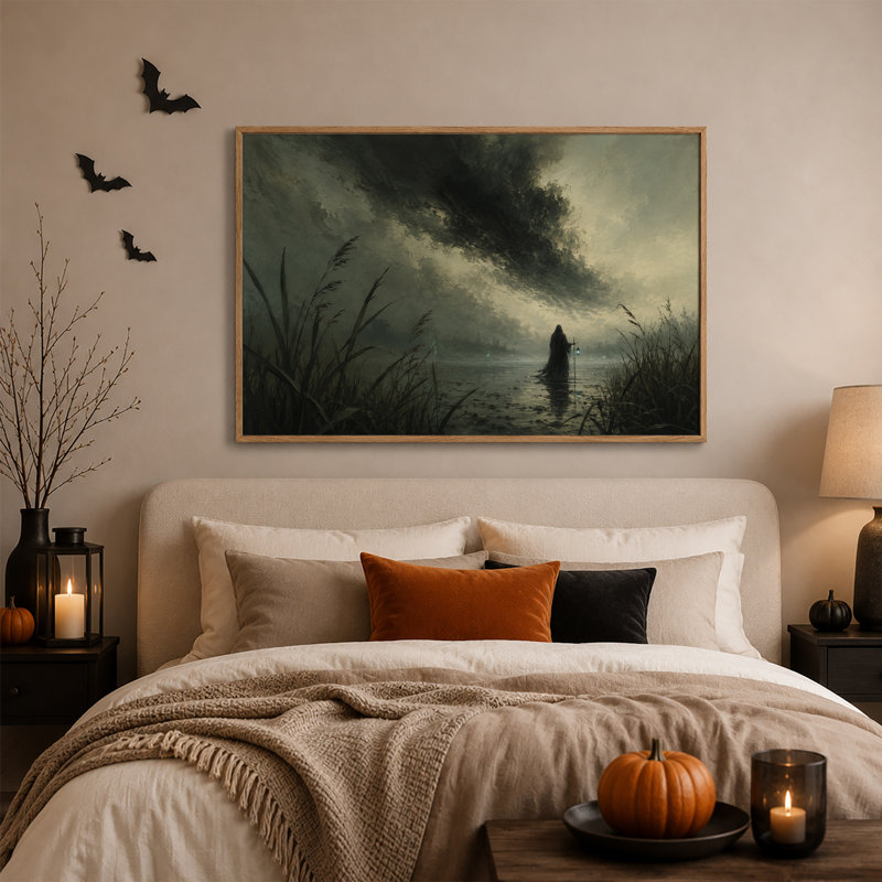 Personnage encapuchonné avec lanterne dans un marais sombre et brumeux - Toile murale d'Halloween, H 18 po x l 24 po