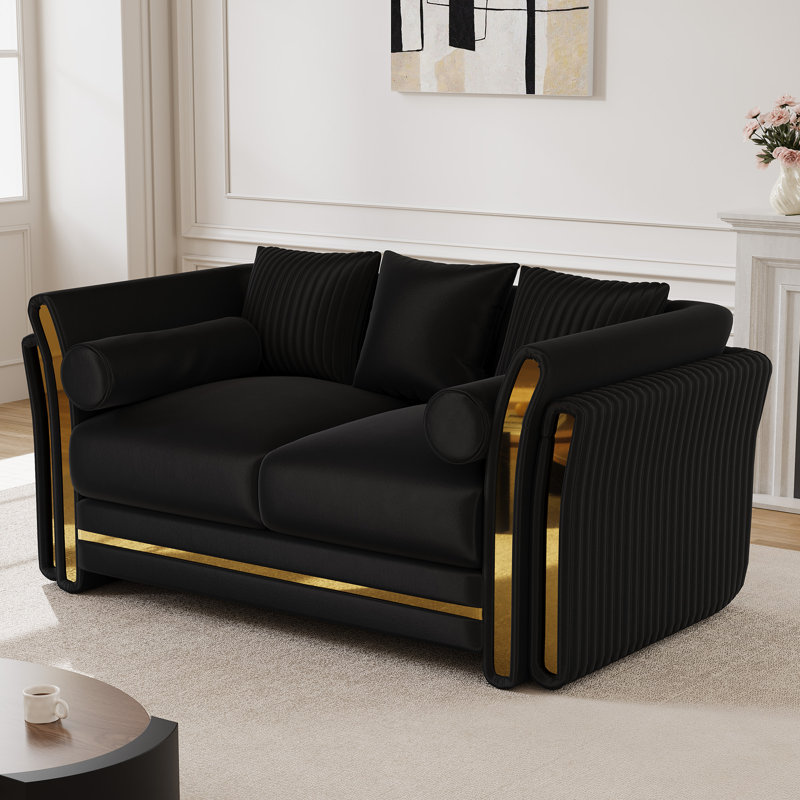 62" Modern Loveseat with Double-Layer Gold-Trim Arms, Black, 33" H x 62" W x 35" D