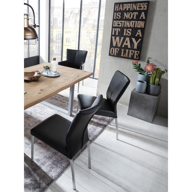 Brigham Oak Solid Wood Top Metal Base Dining Table, Matt Brushed Nickel, H76 x L140 x W80cm