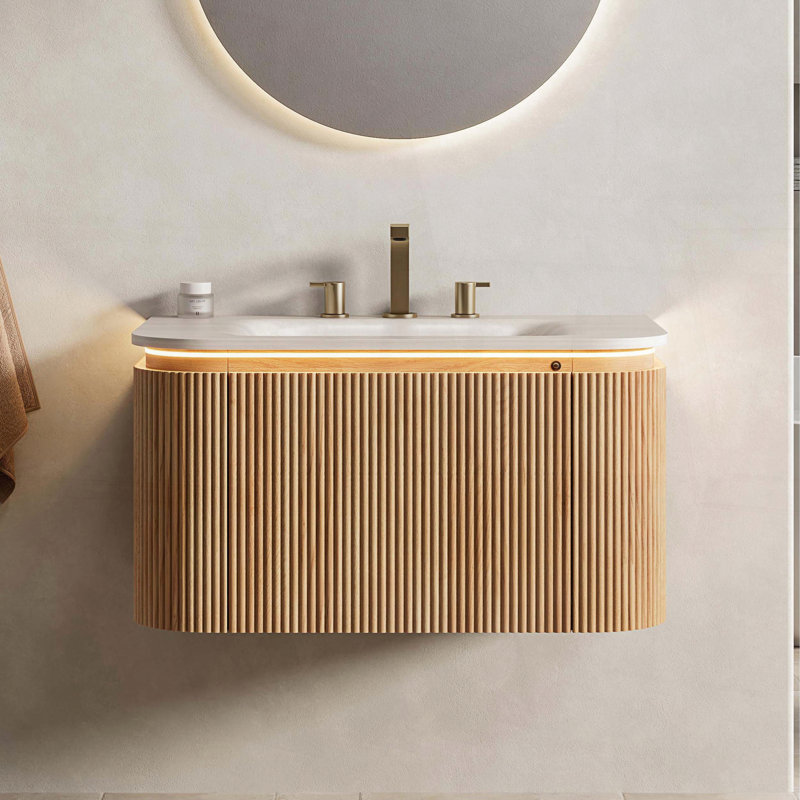 Meuble-lavabo suspendu avec lavabo intégré en pierre frittée à motif de travertin, tiroir, éclairage à détecteur de mouvement et finition rayée 3D, aspect bois naturel, TH