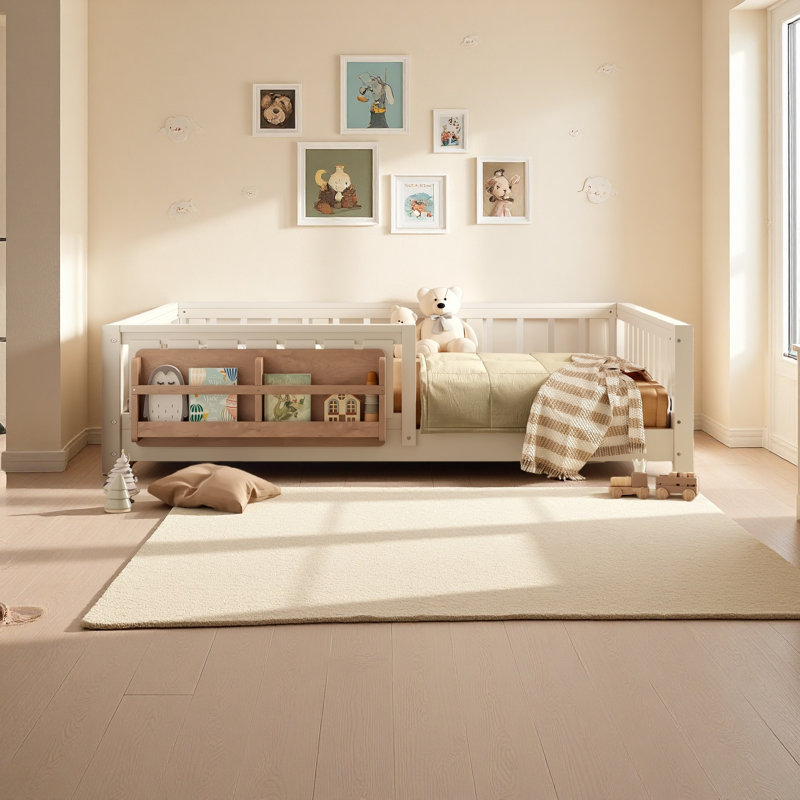 Lit avec bibliothèque intégrée et garde-corps de sécurité de haute qualité, Beige, Lit double
