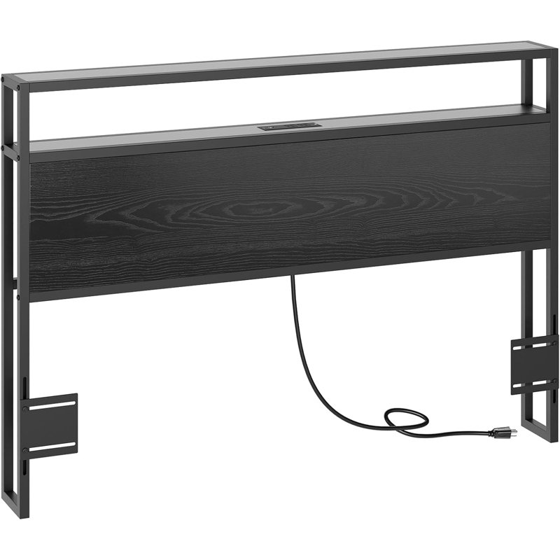 Tête de lit avec lumières DEL et station de charge, Noir, noir, noir, noir, Grand lit