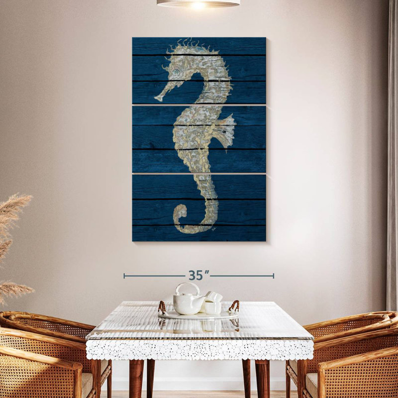 Hippocampe antique Brampt sur bleu II, H 50 po x l 32 po