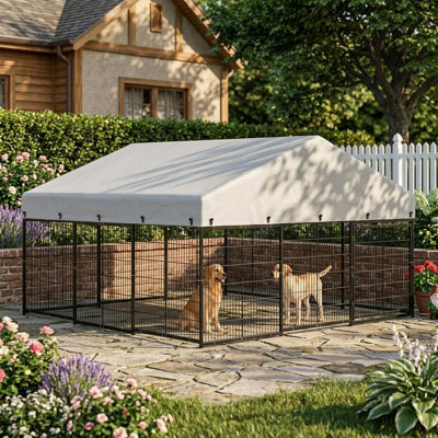 118.11" x 118.11" Large Outdoor Dog Kennel with Lockable Gate, Galvanized Steel Enclosure, Waterproof UV-Proof Roof & Ground Anchors for Yard