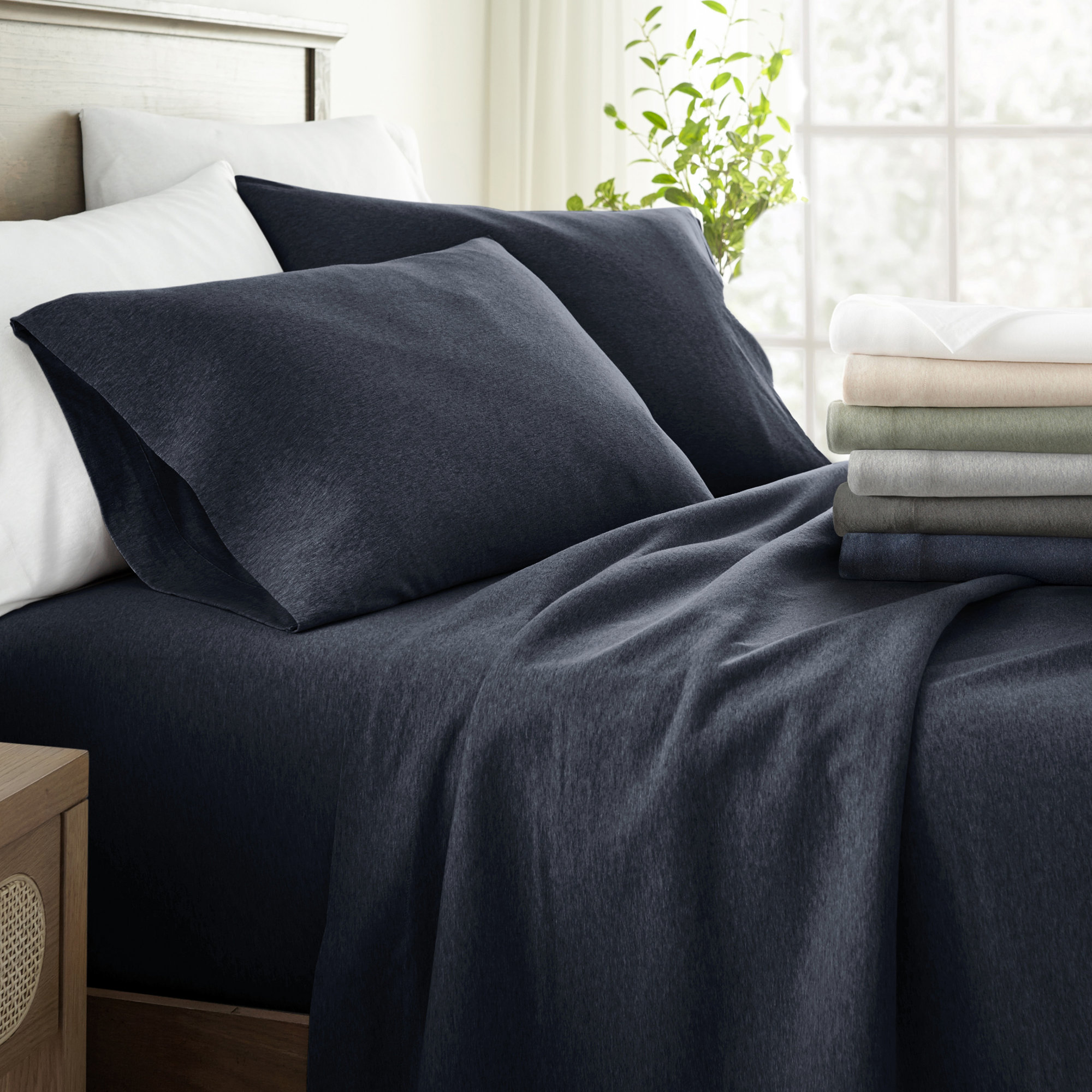 4 Piece 100% Cotton Jersey Knit Sheet Sets, Navy, King Sheet Set + 1 Fitted Sheet + 2 Pillowcases