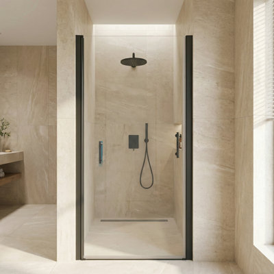 1 3/8-Inch Adjustment Range, Universal Pivot Shower Door, Outward-Opening, Suitable For Bathrooms, Matte Black