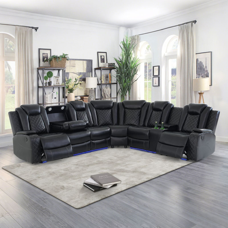 Canapé modulaire inclinable électrique en cuir Shamla, Noir, noir, noir, noir