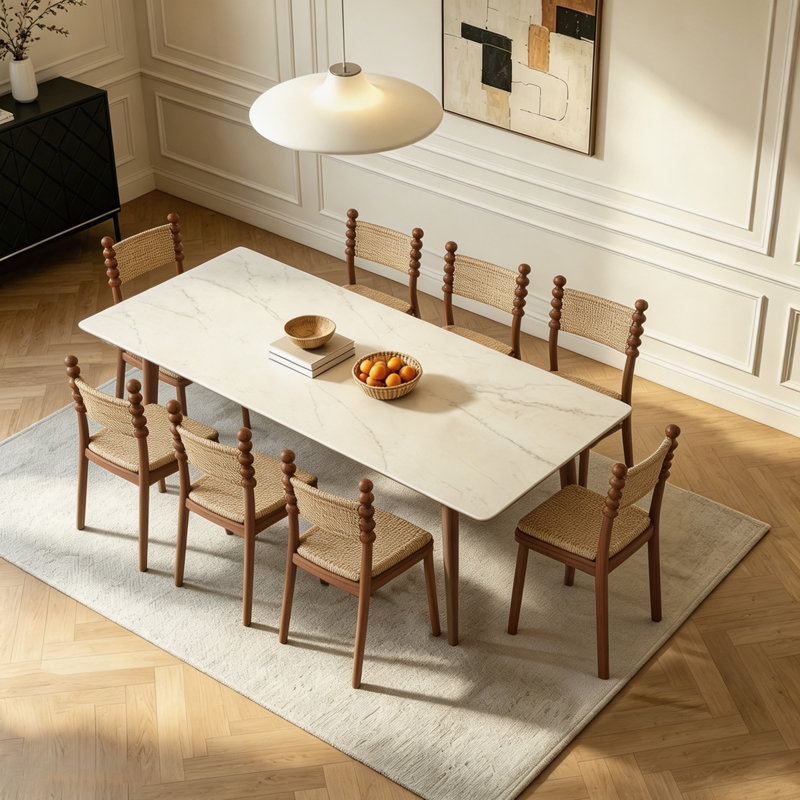 6 - Person White Rectangular Sintered Stone Stone Tabletop Dining Table Set, 7 Pieces: Table, 6 Chairs