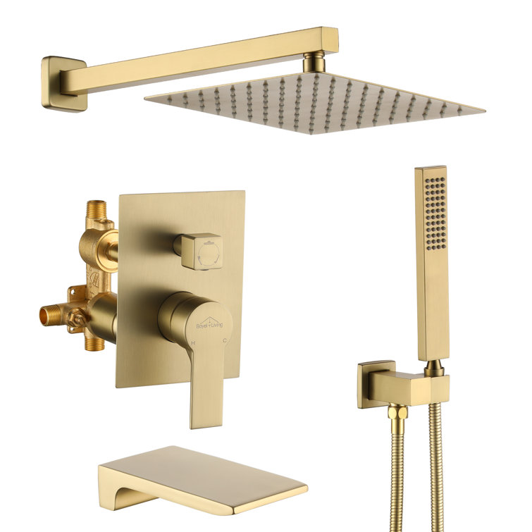Sumerain Brushed Gold Shower Faucet Set with 8 Inches Stainless Steel Rain Shower Head, Solid Brass Rough in Valve