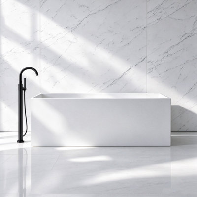MonBlari 67" X 28" Solid Surface Freestanding White Soaking Bathtub With Overflow And Pop-Up Drain For Bathroom