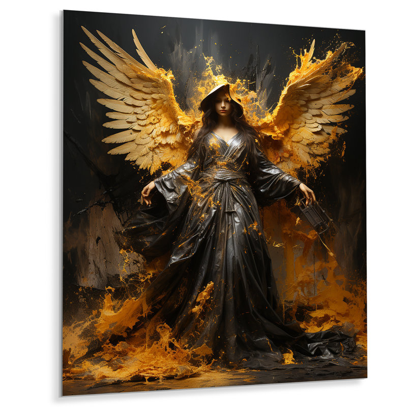 «Gold Angel Rebel Renaissance I» - Art mural en métal Pop Art, H 32 po x l 16 po x P 1 po