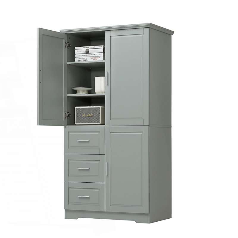 Tall And Wide Storage Cabinet With Doors And 3 Drawers, Accent Cabinet, Gray