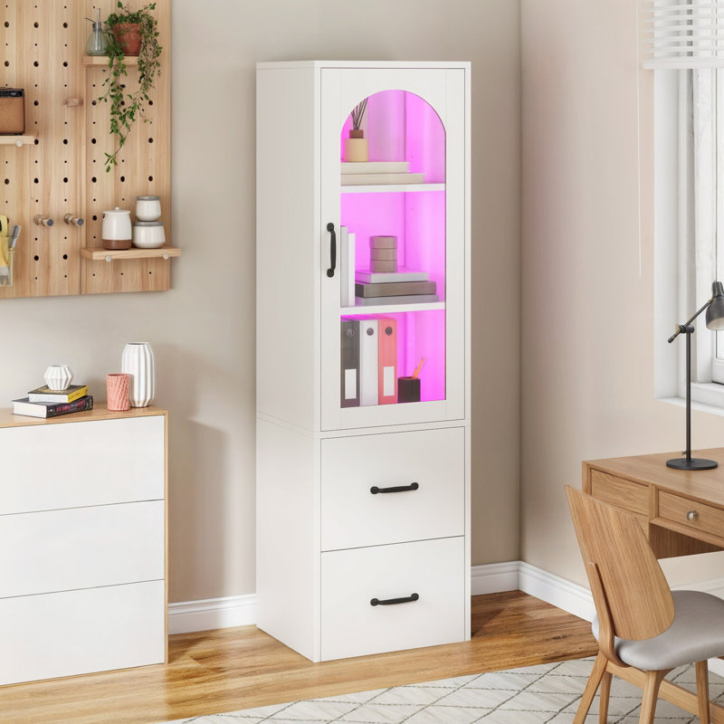 Marcita 2 Drawer File Cabinet, Filing Cabinet With Glass Doors And LED Light