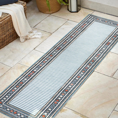 Hermindo High-Low Modern Diamond Border Blue/Ivory Indoor/Outdoor Rug