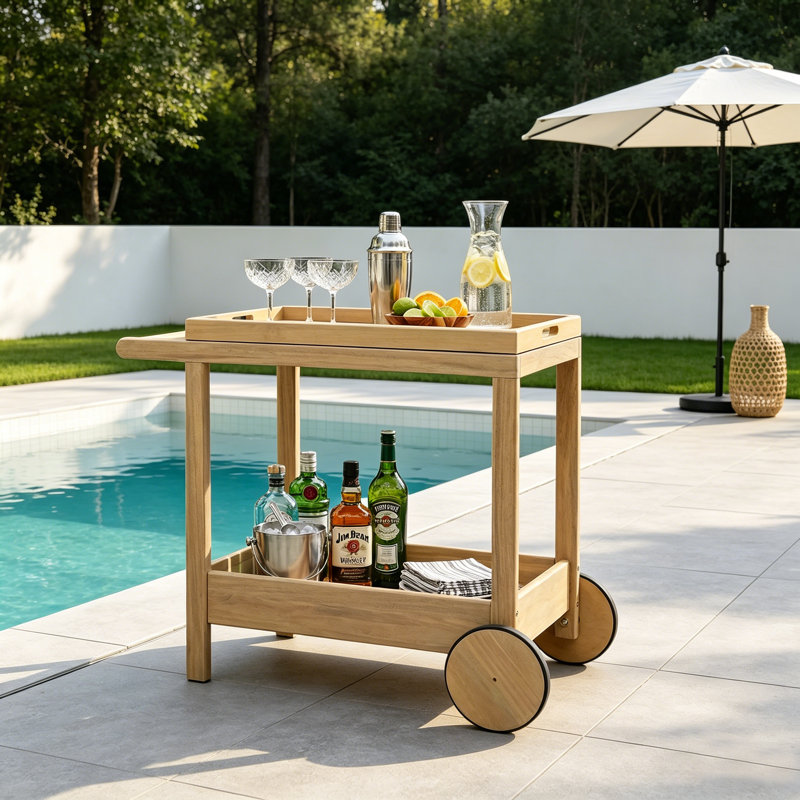 Chariot-bar d'extérieur en bois d'acacia avec roulettes et tablettes