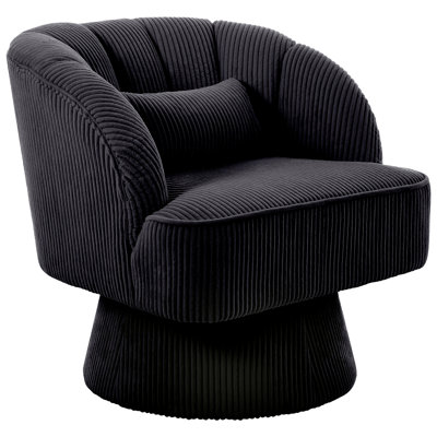 360° Swivel Barrel Accent Chair, Round Upholstered Lounge Armchair with Armrests & Backrest - Soft Padded Seat - Mid-Century Modern Reading Chair, Corduroy | Black