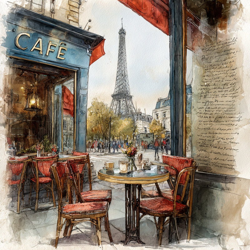 «Cafe Eiffel View», art mural sur toile tendue, H 40 po x l 40 po x P 1,5 po
