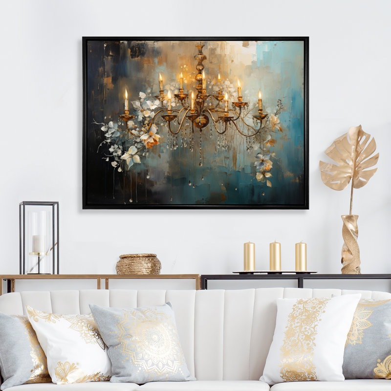 «Chandelier Whispering Luminescence Pointillism» sur toile, Encadrement doré, H 24 po x l 32 po x P 1 po