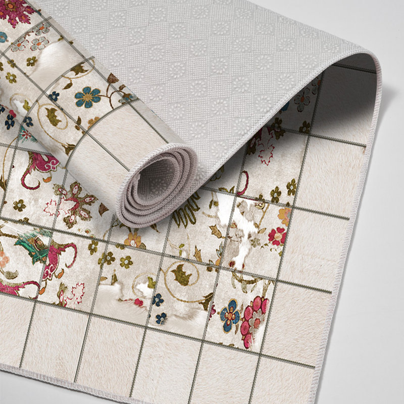 Tapis en polyamide tissé à la machine Convergence en crème / rose / vert, Tapis de couloir 2 pi 7 po x 9 pi 10 po