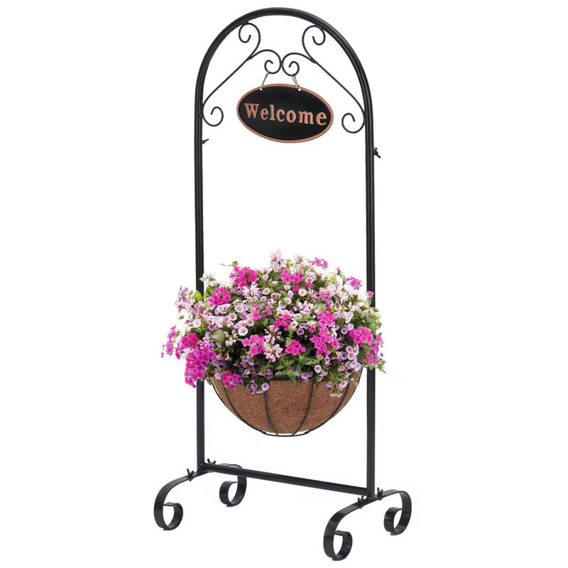 39.5” Metal Welcome Planter Basket Stand With Coco Liner – Hanging Planter With Decorative Welcome Sign For Outdoor Garden, Patio, Deck, And Porch