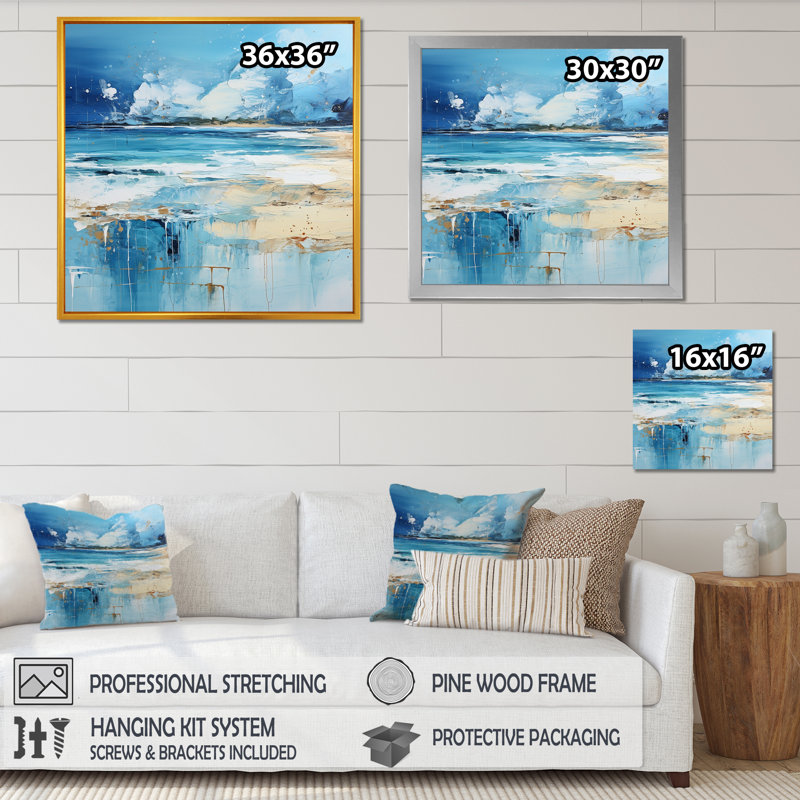 «Blue and beige Tranquility beach II - Coastal Minimalisme», art mural, Cadre flottant blanc, H 36 po x l 36 po x P 1,5 po