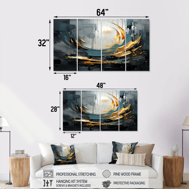 4 pièces de lumière dorée dorée sur Nuevo Blue I - Abstrait moderne, art mural, H 32 po x l 64 po