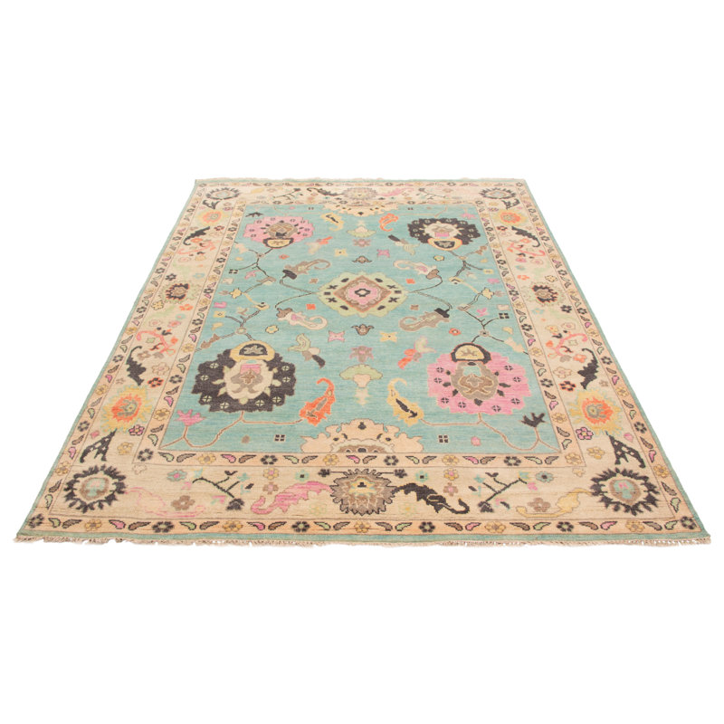 Tapis turquoise en laine noué à la main Oushak 8 pi 8 po x 11 pi 10 po