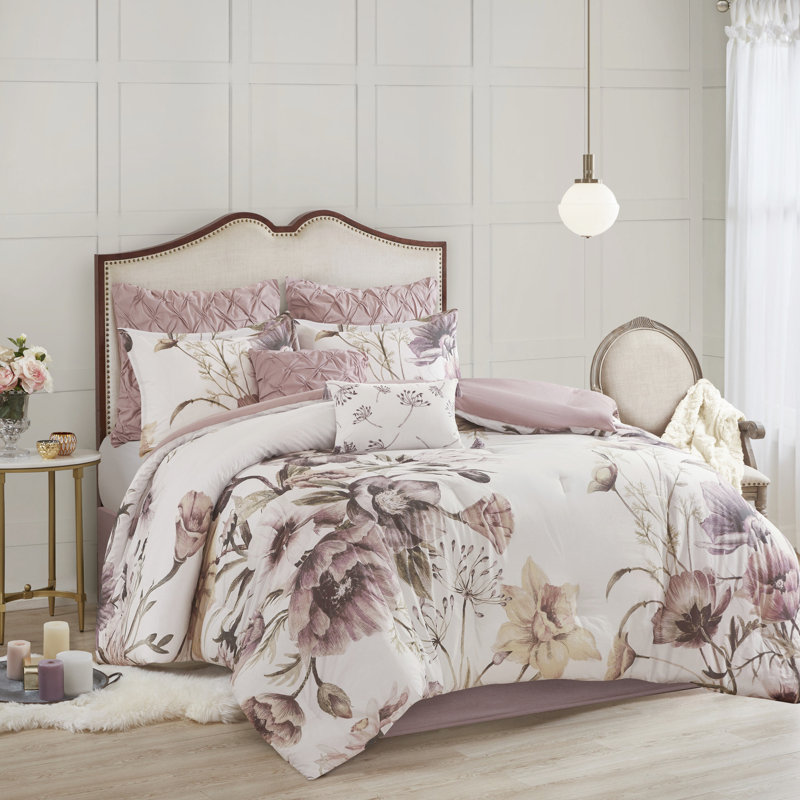 Blush Queen Bedding 8 Piece - Printed Cotton Back Comforter And Fill