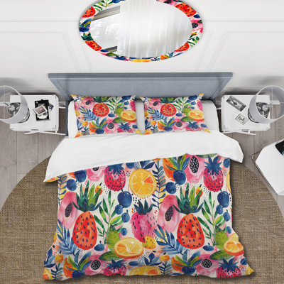 Red Green Wild Fruits Watercolor Collage - Floral Duvet Cover Set