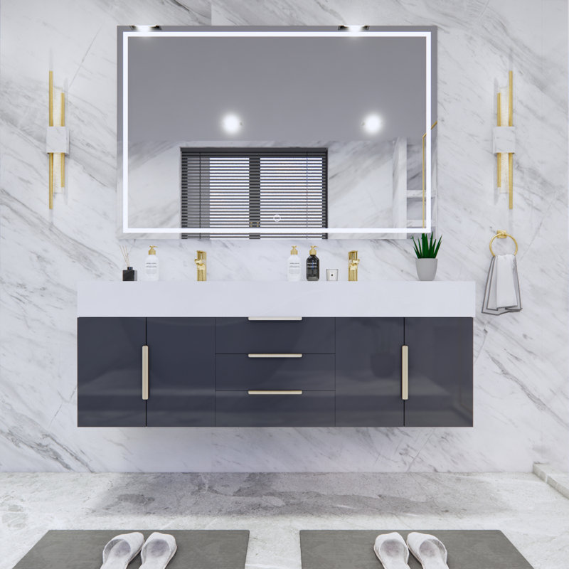 Glasgow 59 " W Wall Mounted Wall Mounted Single Double Vanity Bathroom Vanity With Acrylic Top, White, High Gloss Dark Gray