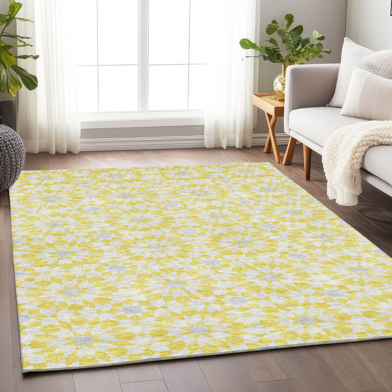 Premium Machine Washable Tweedy Yellow Rug, Rectangle 8' x 10'