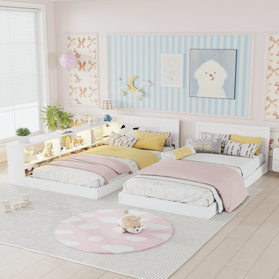 Double cadre de lit simple avec rangement, lit simple au sol avec lumière et station de charge, 2 lits simples convertibles pour 2 enfants, blanc