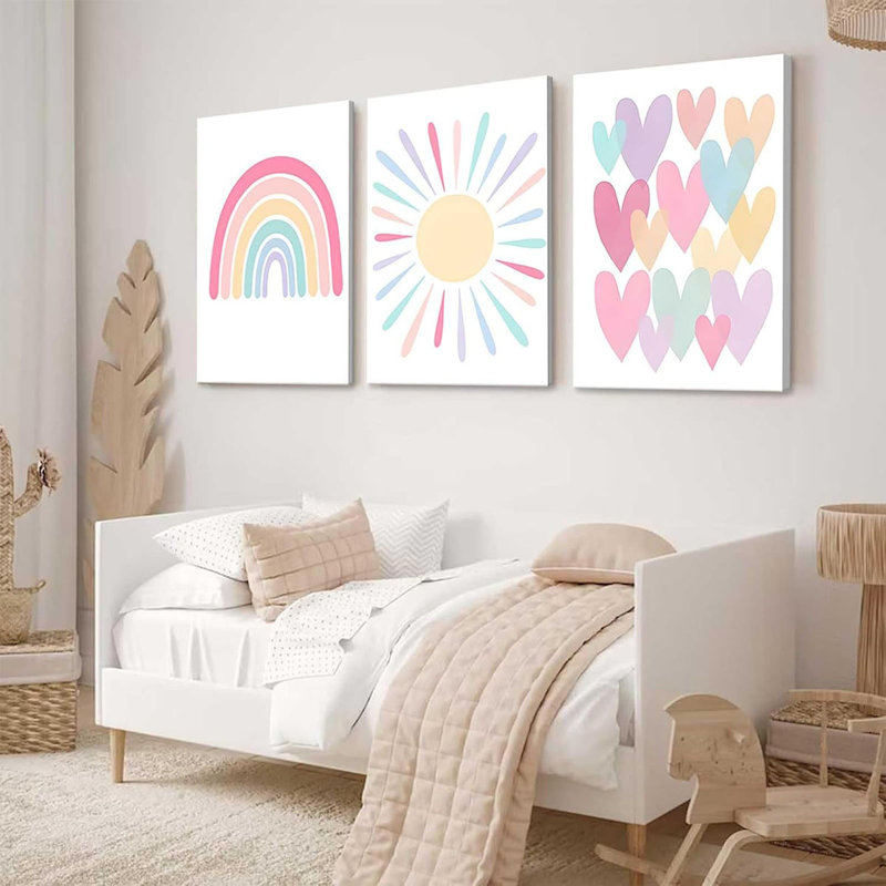 3Pcs Framed Pink Nursery Canvas Wall Art Rainbow Poster Kids Bedroom Baby Toddler Pastel Wall Decor Prints Sun Boho Pink Sunshine Painting For Classroom School Nursery Decoration 16X24in