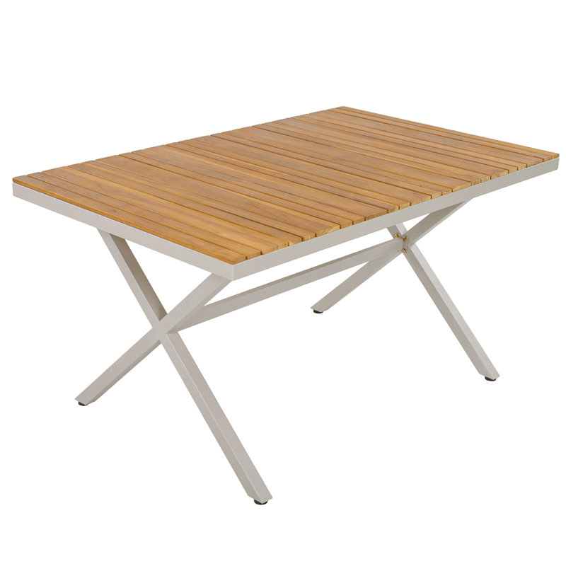 Table de salle à manger en teck avec structure en acier beige, table de patio rectangulaire de 55,12 po avec pieds en forme de X, résistante aux intempéries pour la cour, le jardin, la terrasse et la piscine
